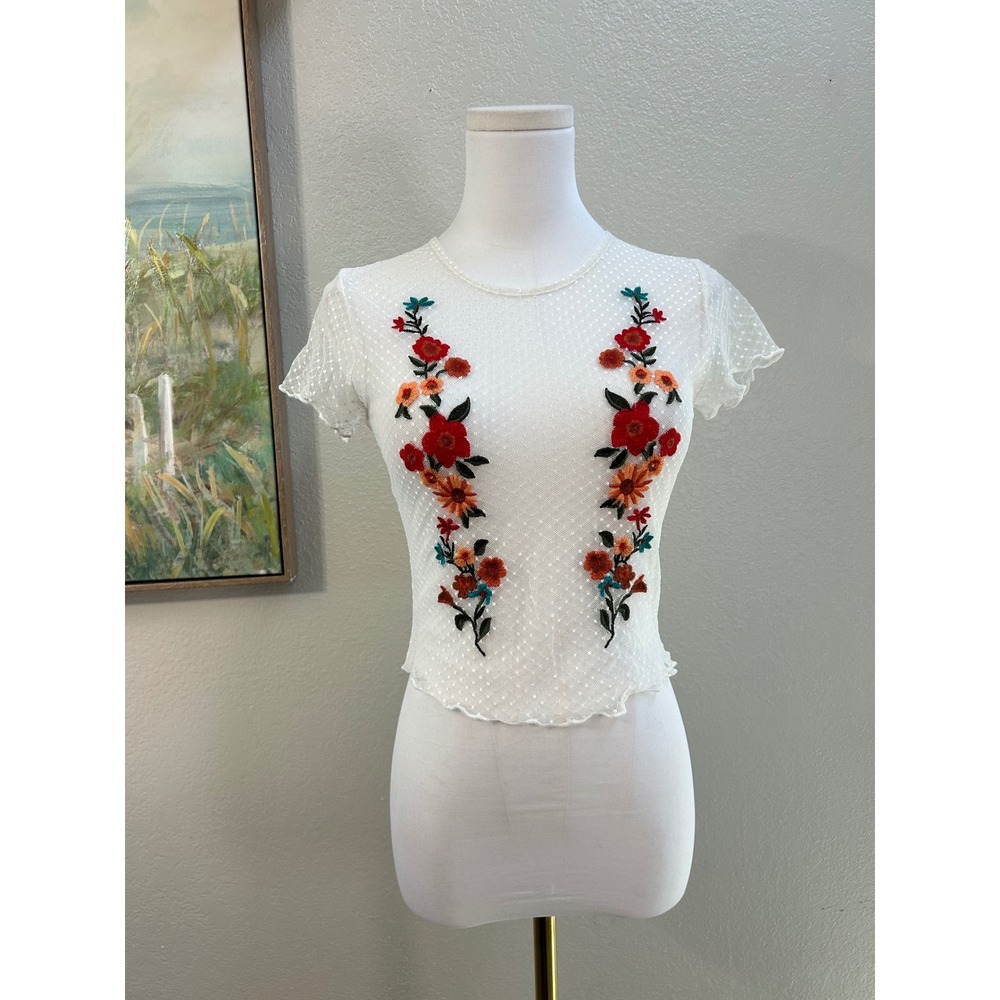 Forever 21 White Swiss Dot Mesh Floral Embroidered Crop Top Small Short Sleeve